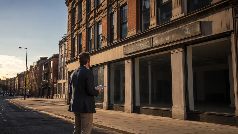 A commercial property agent assessing a vacant London commercial building at golden hour, tablet in hand.